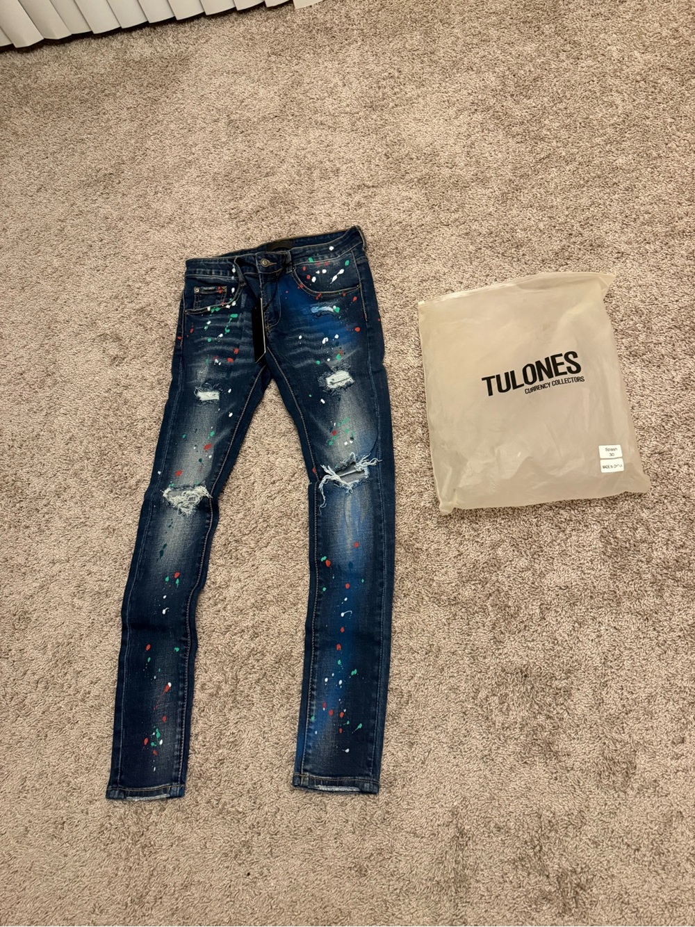 Slim Skinny Dark Blue Jeans with Distressed Knees and Paint Splatter
